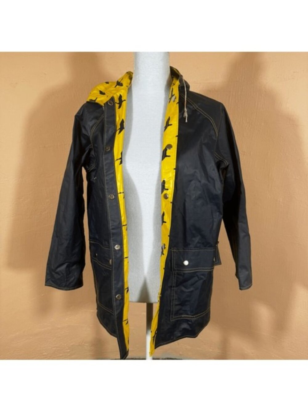 Vintage 1980s PVC Reversible Rain Jacket  Navy Blue / Yellow Seagull Bird Print